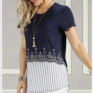 Suzanne Betro Blue and White Stripe-Accent Layered Tunic Size S